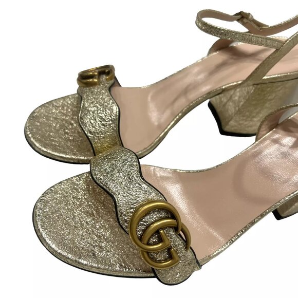 $850 Gucci Gold Marmont Metallic Lambskin Platino Sandals Heels sz 39/9B Heels - Picture 6 of 16